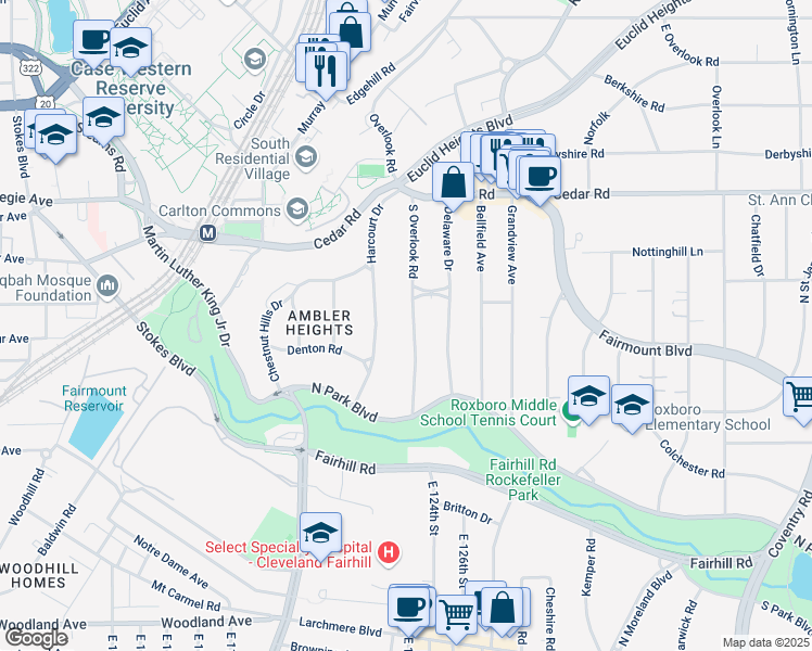 map of restaurants, bars, coffee shops, grocery stores, and more near 2277 South Overlook Road in Cleveland Heights