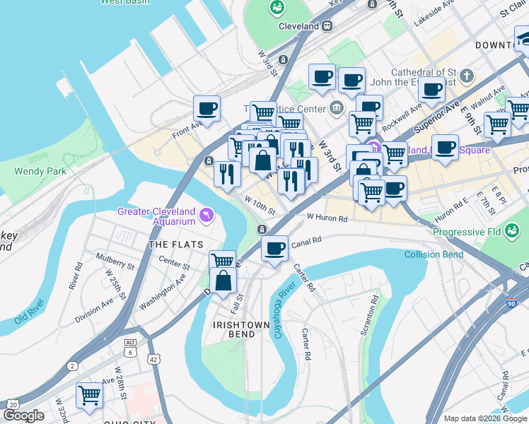 map of restaurants, bars, coffee shops, grocery stores, and more near 1411 West 10th Street in Cleveland