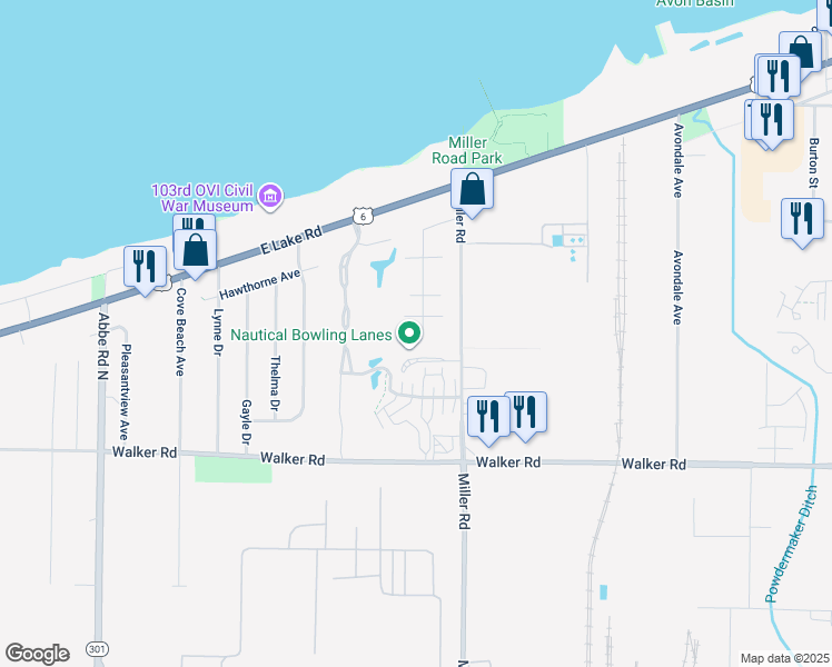 map of restaurants, bars, coffee shops, grocery stores, and more near 184 Miller Road in Avon Lake