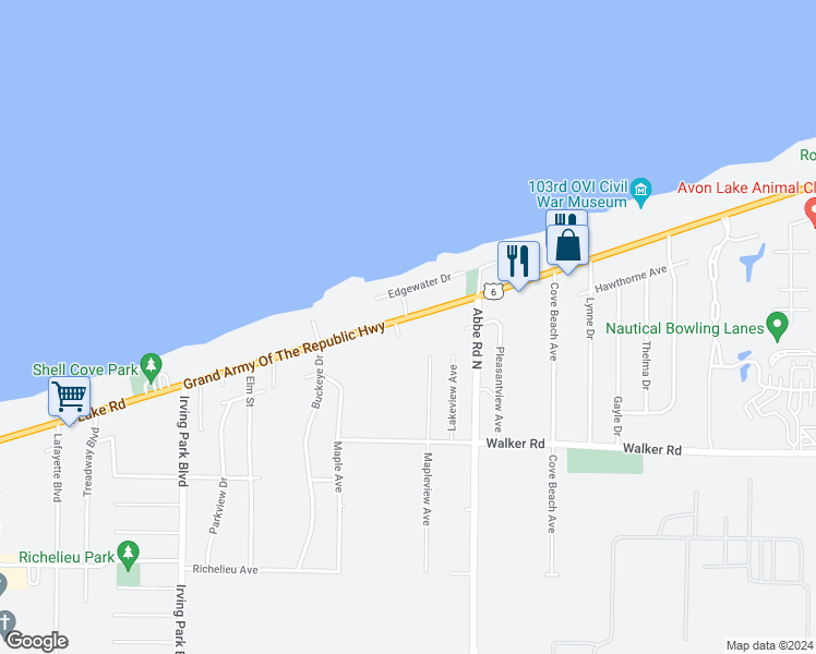 map of restaurants, bars, coffee shops, grocery stores, and more near 5159 U.S. 6 in Sheffield Lake