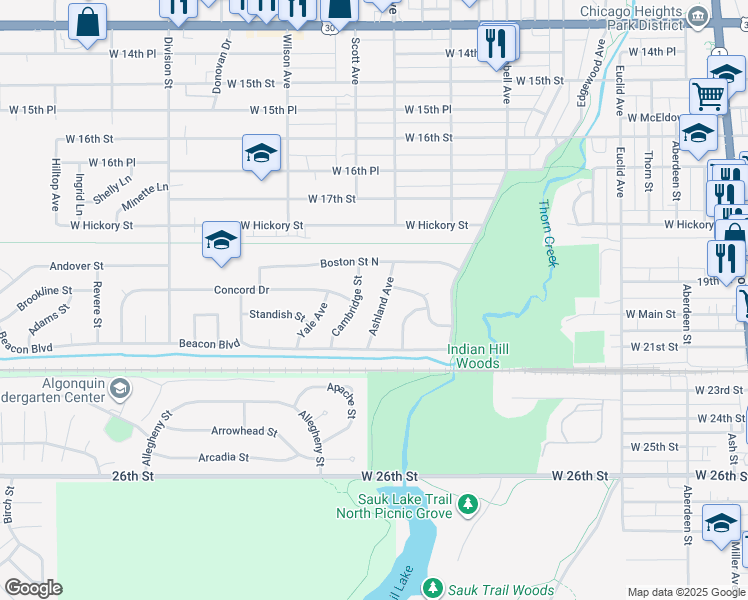 map of restaurants, bars, coffee shops, grocery stores, and more near 1935 Ashland Avenue in Chicago Heights
