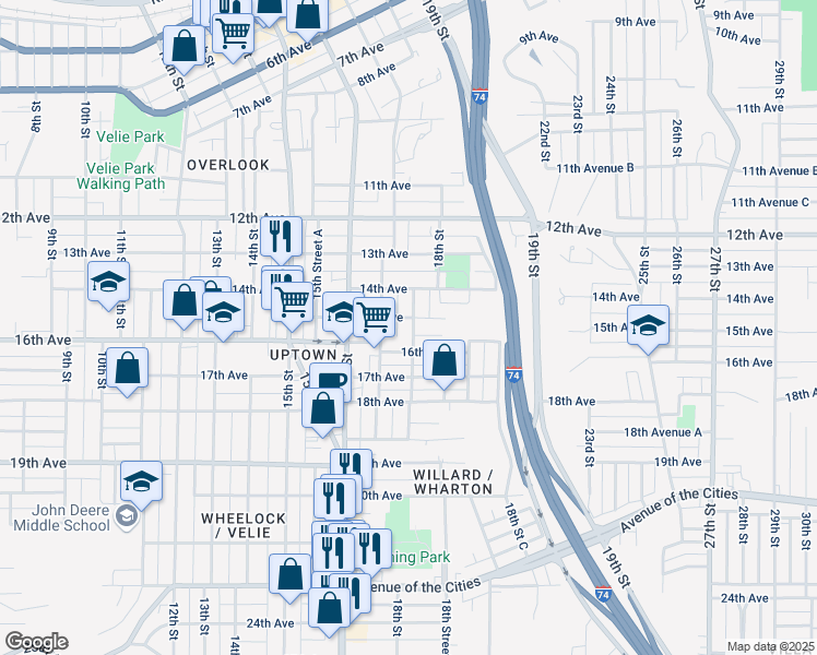 map of restaurants, bars, coffee shops, grocery stores, and more near 1715 15th Avenue in Moline