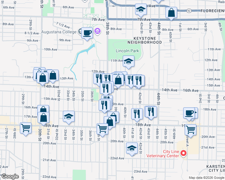 map of restaurants, bars, coffee shops, grocery stores, and more near 3801 14th Avenue in Rock Island