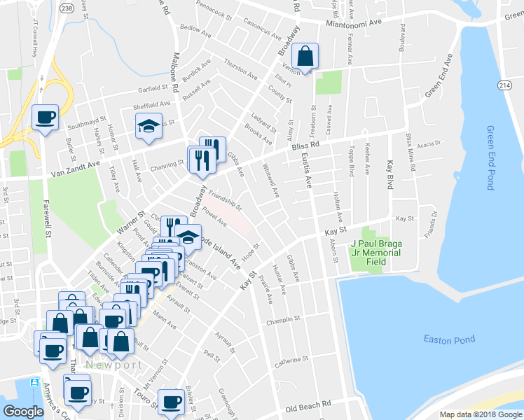 map of restaurants, bars, coffee shops, grocery stores, and more near 98 Gibbs Avenue in Newport