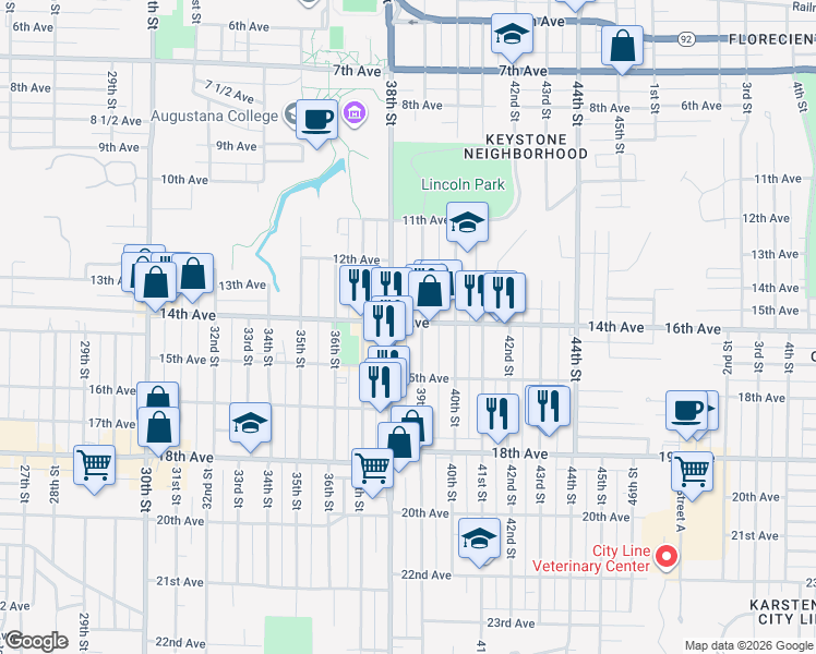 map of restaurants, bars, coffee shops, grocery stores, and more near 3801 14th Avenue in Rock Island