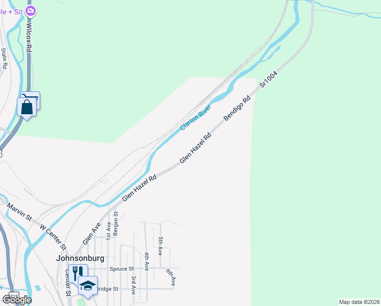 map of restaurants, bars, coffee shops, grocery stores, and more near Bendigo Road in Johnsonburg