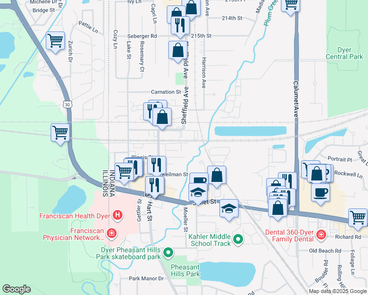 map of restaurants, bars, coffee shops, grocery stores, and more near 246 Indiana Street in Dyer