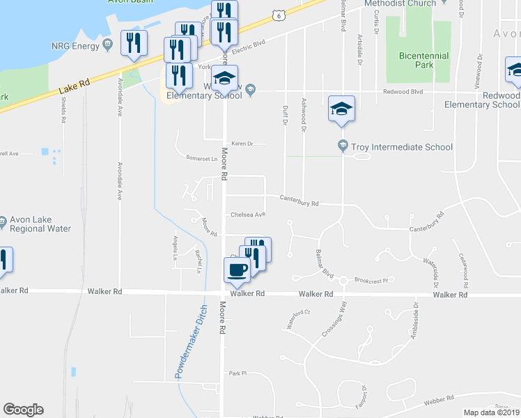 map of restaurants, bars, coffee shops, grocery stores, and more near 33364 Chelsea Avenue in Avon Lake