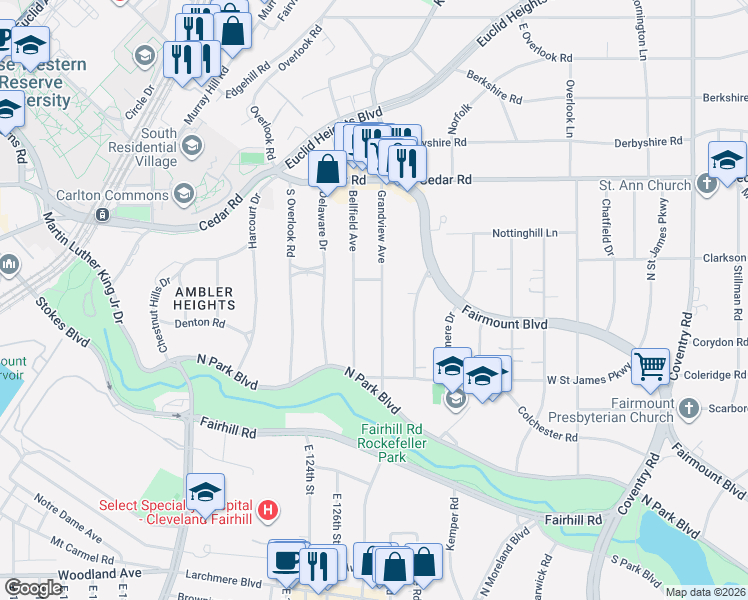 map of restaurants, bars, coffee shops, grocery stores, and more near 2272 Grandview Avenue in Cleveland Heights