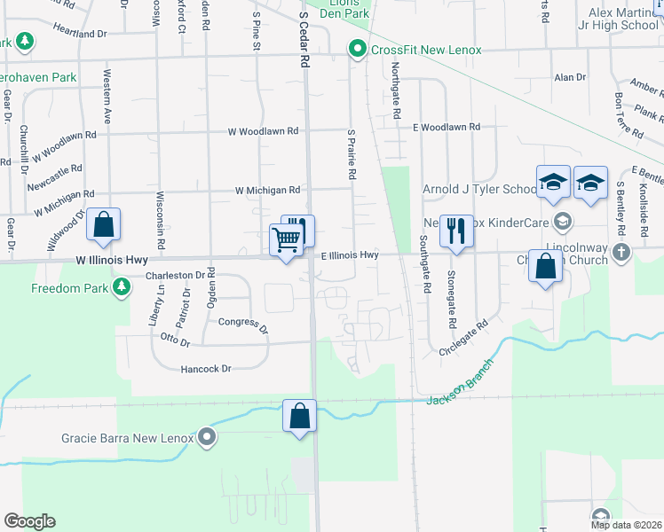 map of restaurants, bars, coffee shops, grocery stores, and more near 1000 South Cedar Road in New Lenox
