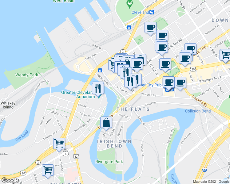 map of restaurants, bars, coffee shops, grocery stores, and more near 1025 West Superior Avenue in Cleveland