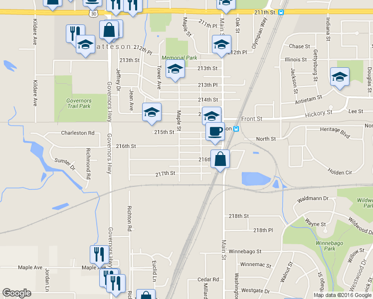 map of restaurants, bars, coffee shops, grocery stores, and more near 3727 216th Street in Matteson