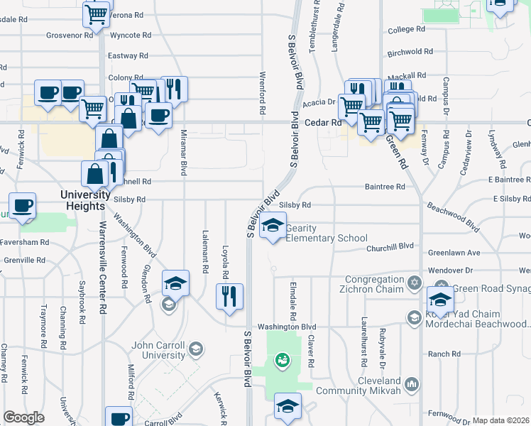 map of restaurants, bars, coffee shops, grocery stores, and more near 2275 South Belvoir Boulevard in University Heights