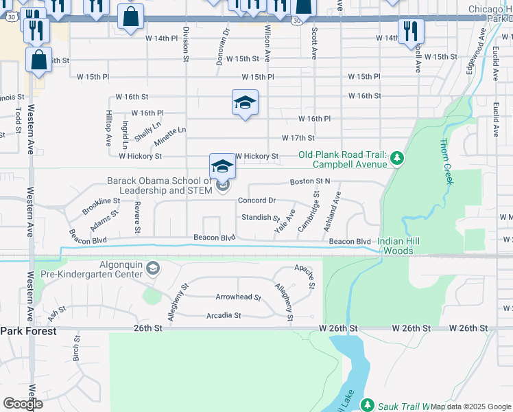 map of restaurants, bars, coffee shops, grocery stores, and more near 358 Concord Drive in Chicago Heights