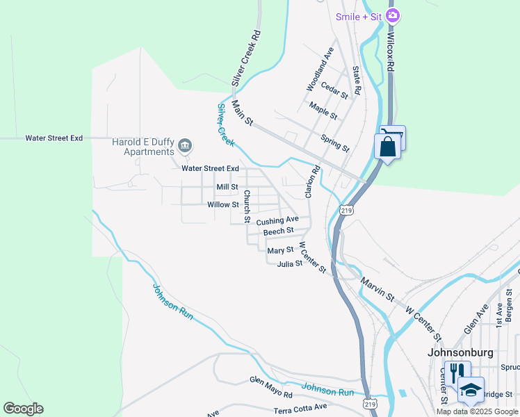 map of restaurants, bars, coffee shops, grocery stores, and more near 202 Willow St in Johnsonburg