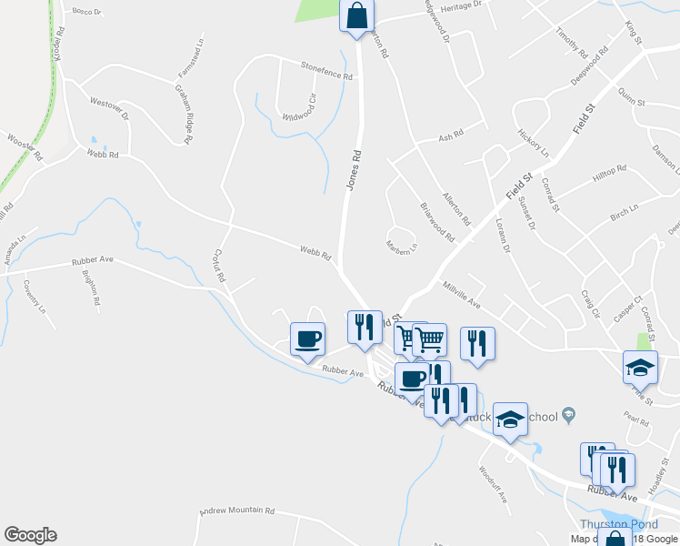 map of restaurants, bars, coffee shops, grocery stores, and more near 0 Webb Road in Naugatuck