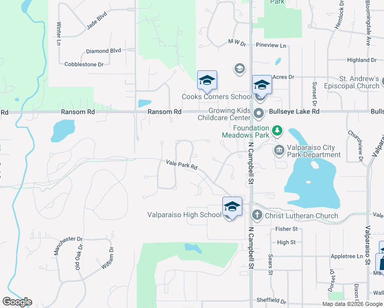 map of restaurants, bars, coffee shops, grocery stores, and more near 700 Mill Crossing in Valparaiso