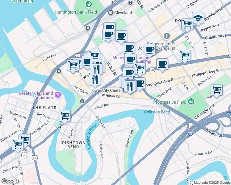 map of restaurants, bars, coffee shops, grocery stores, and more near 1500 West 3rd Street in Cleveland