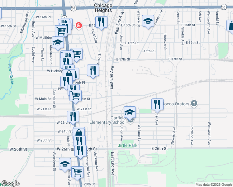 map of restaurants, bars, coffee shops, grocery stores, and more near 101 East Main Street in Chicago Heights