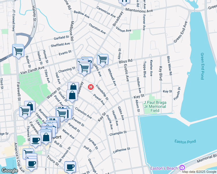map of restaurants, bars, coffee shops, grocery stores, and more near 82 Gibbs Avenue in Newport