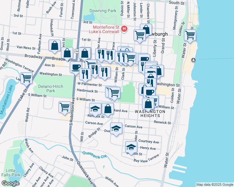 map of restaurants, bars, coffee shops, grocery stores, and more near 65 William Street in Newburgh