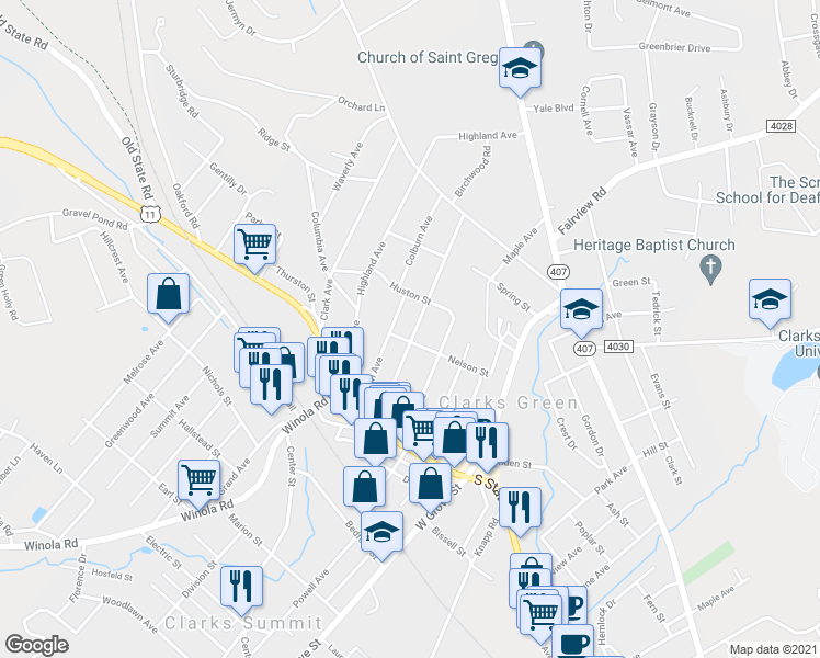 map of restaurants, bars, coffee shops, grocery stores, and more near 307 Main Avenue in Clarks Summit