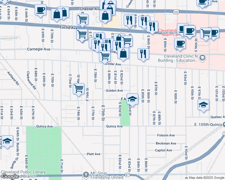 map of restaurants, bars, coffee shops, grocery stores, and more near 2253 East 81st Street in Cleveland