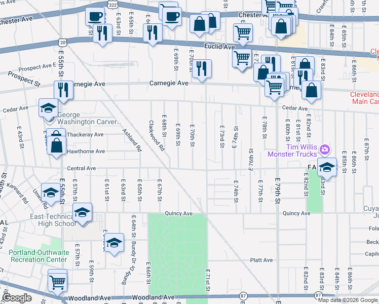 map of restaurants, bars, coffee shops, grocery stores, and more near 2254 East 70th Street in Cleveland