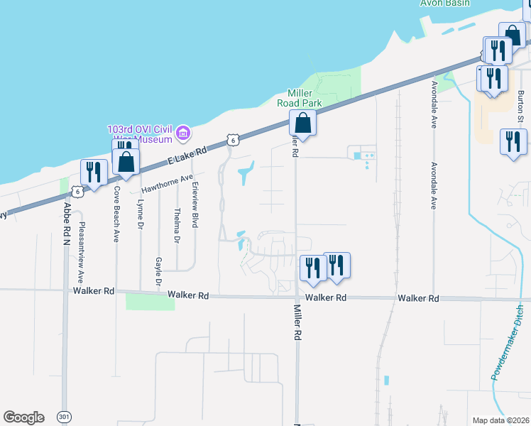 map of restaurants, bars, coffee shops, grocery stores, and more near 184 Miller Road in Avon Lake