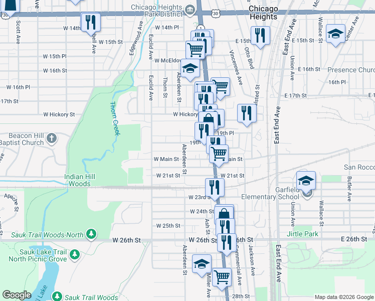 map of restaurants, bars, coffee shops, grocery stores, and more near 40 19th Street in Chicago Heights
