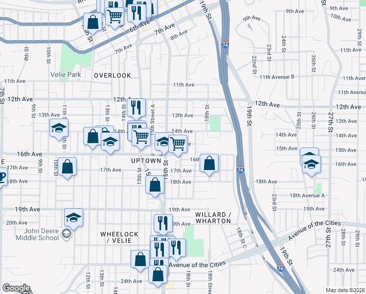 map of restaurants, bars, coffee shops, grocery stores, and more near 1715 15th Avenue in Moline
