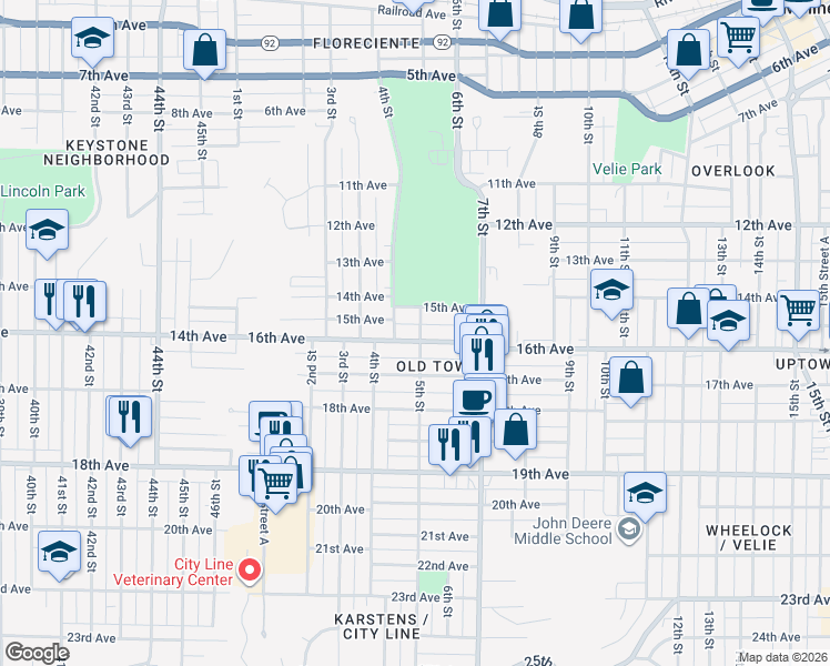 map of restaurants, bars, coffee shops, grocery stores, and more near 427 16th Avenue in Moline