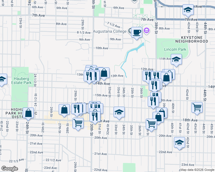 map of restaurants, bars, coffee shops, grocery stores, and more near 3130 14th Avenue in Rock Island
