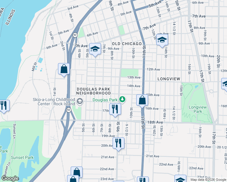 map of restaurants, bars, coffee shops, grocery stores, and more near 1414 9th Street in Rock Island
