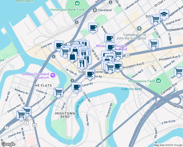 map of restaurants, bars, coffee shops, grocery stores, and more near 615 West Superior Avenue in Cleveland