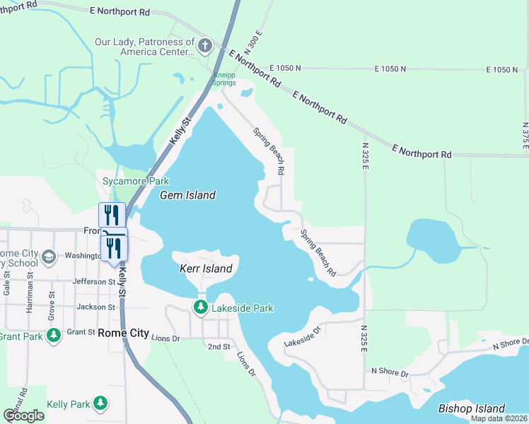 map of restaurants, bars, coffee shops, grocery stores, and more near 456 Spring Beach Road in Rome City
