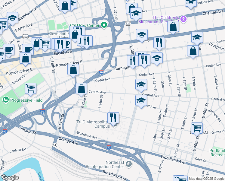 map of restaurants, bars, coffee shops, grocery stores, and more near 2401 Central Avenue in Cleveland