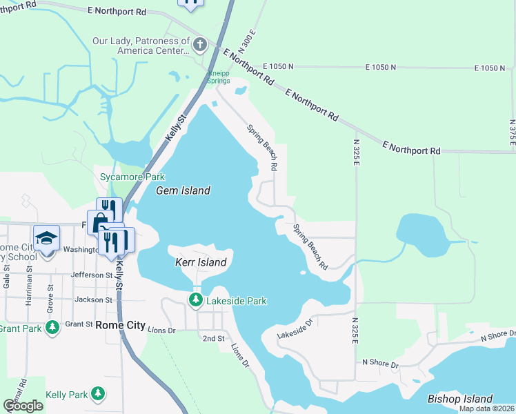 map of restaurants, bars, coffee shops, grocery stores, and more near 456 Spring Beach Road in Rome City