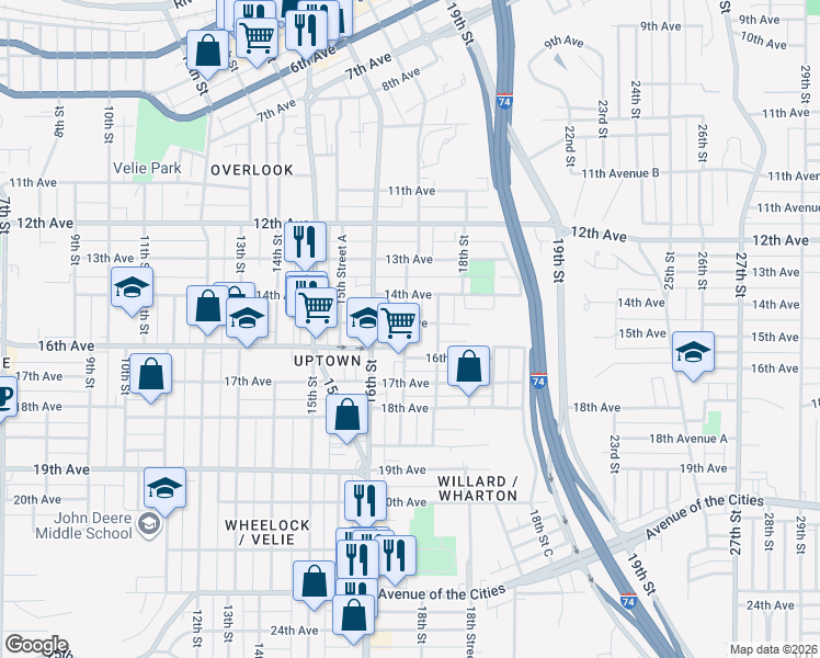 map of restaurants, bars, coffee shops, grocery stores, and more near 1715 15th Avenue in Moline