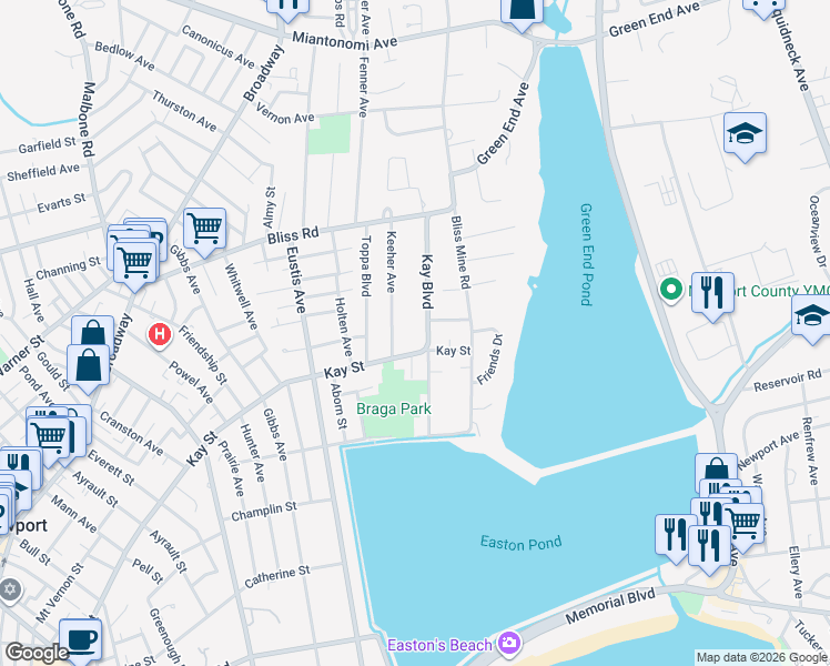map of restaurants, bars, coffee shops, grocery stores, and more near 59 Kay Boulevard in Newport