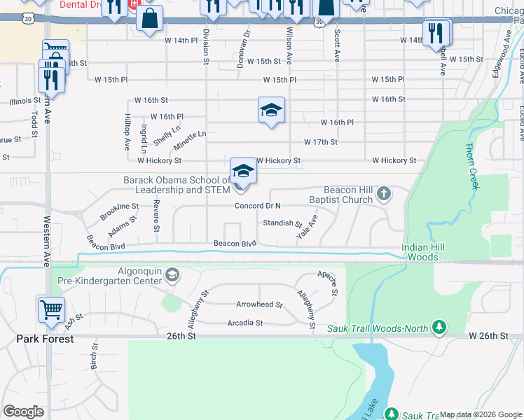 map of restaurants, bars, coffee shops, grocery stores, and more near 1927 Bunker Street in Chicago Heights