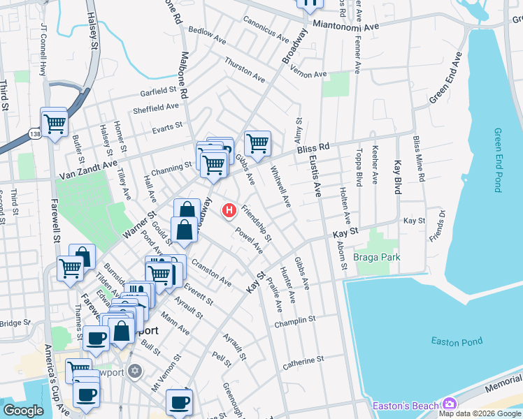 map of restaurants, bars, coffee shops, grocery stores, and more near 82 Gibbs Avenue in Newport