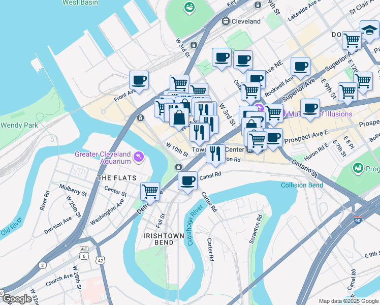 map of restaurants, bars, coffee shops, grocery stores, and more near in Cleveland