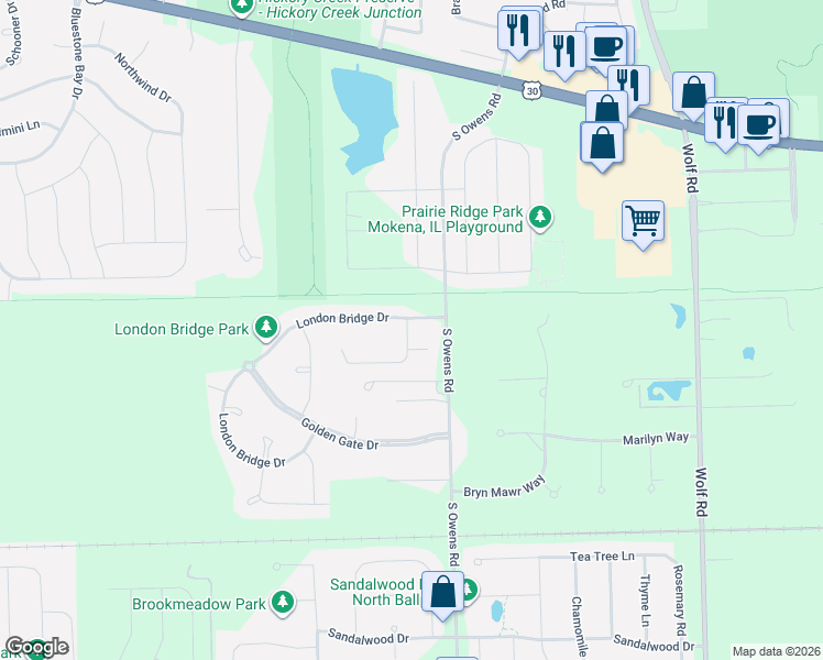 map of restaurants, bars, coffee shops, grocery stores, and more near 11675 London Bridge Drive in Mokena
