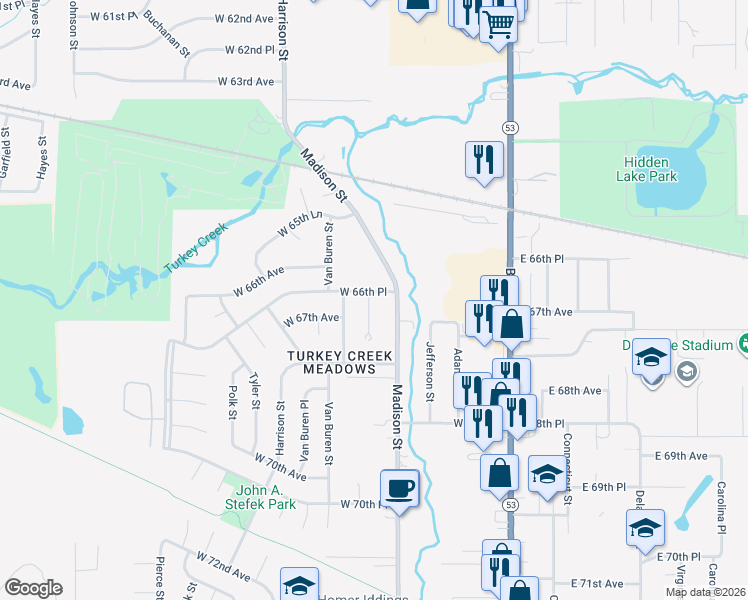 map of restaurants, bars, coffee shops, grocery stores, and more near 6655 Monroe Court in Merrillville