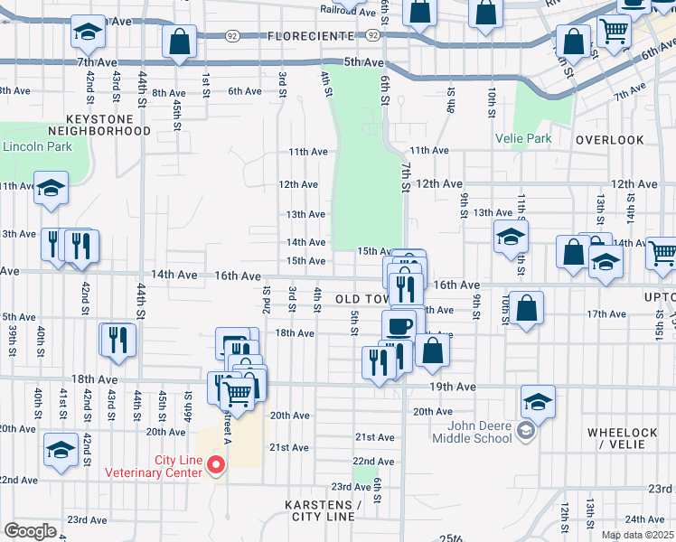 map of restaurants, bars, coffee shops, grocery stores, and more near 427 16th Ave in Moline