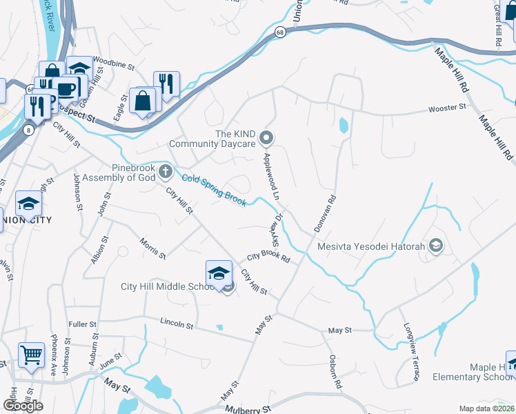 map of restaurants, bars, coffee shops, grocery stores, and more near 150 Brook Street in Naugatuck
