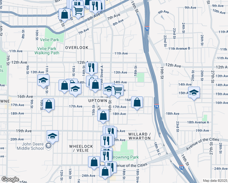 map of restaurants, bars, coffee shops, grocery stores, and more near 1612 15th Avenue in Moline