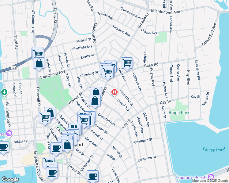 map of restaurants, bars, coffee shops, grocery stores, and more near 11 Friendship Street in Newport