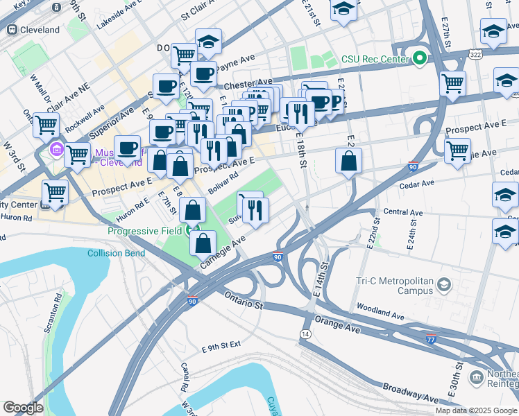 map of restaurants, bars, coffee shops, grocery stores, and more near 1260 Sumner Avenue in Cleveland